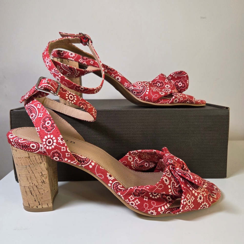 Torrid Red Paisley Bandana Print Bow Cork Block Heel Sandals 9WW Ankle Strap
